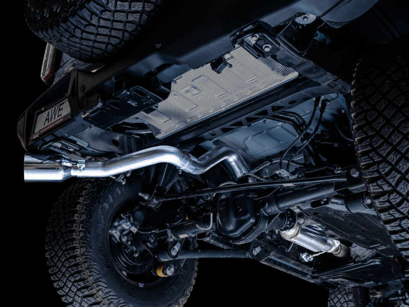 AWE Tuning 0FG Single Rear Exit Exhaust w/5" Chrome Silver Tip & Bash Guard - 2021+ Bronco 2.3L/2.7L - StickerFab