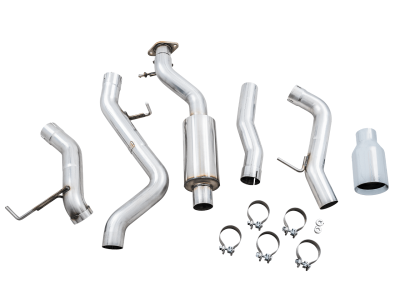 AWE Tuning 0FG Single Rear Exit Exhaust w/5" Chrome Silver Tip & Bash Guard - 2021+ Bronco 2.3L/2.7L - StickerFab