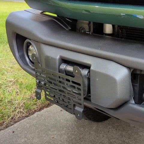 BuiltRight License Plate Relocation Bracket for OEM Capable Bumper w/ Flip-Up Tow Hooks - 2021+ Bronco - StickerFab