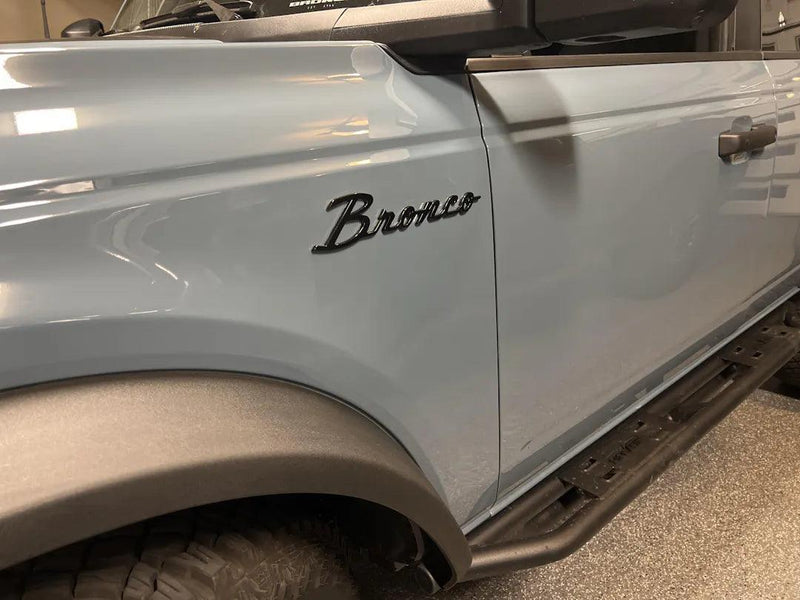 2021+ Ford Bronco Cursive Script Metal Emblems (Modified) | StickerFab
