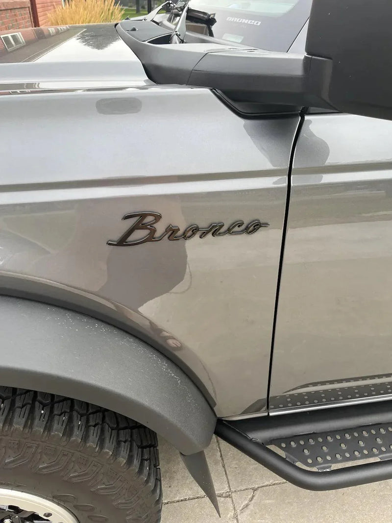 2021+ Ford Bronco Cursive Script Metal Emblems (Modified) | StickerFab