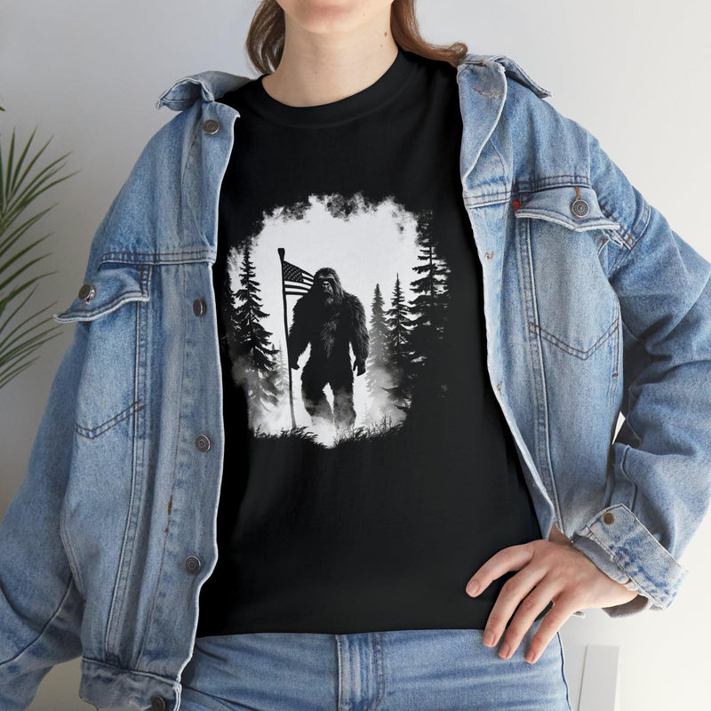 Sasquatch in the Woods with American Flag V2 - StickerFab